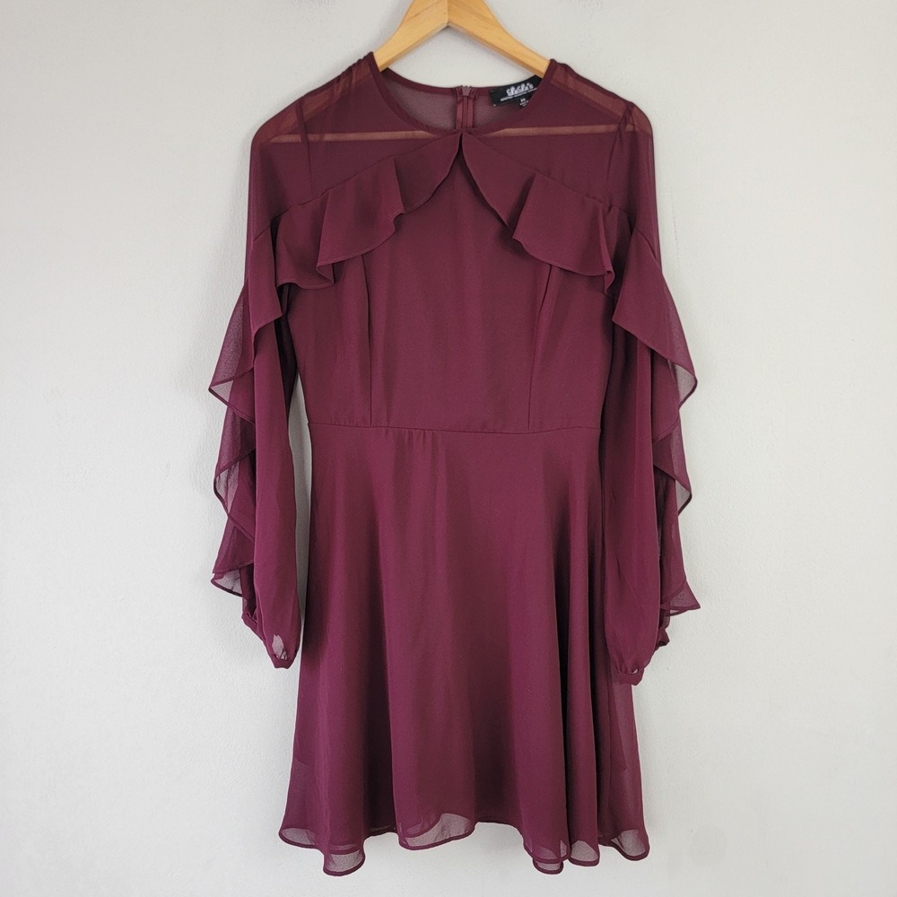 Lulu's Quiet Grace Burgundy Long Sleeve Skater Dress Womens M Preppy